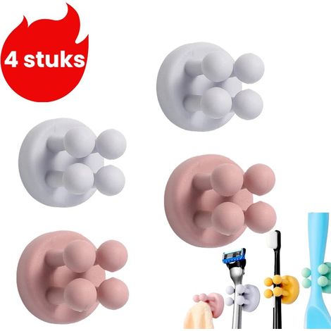Ensemble de 4 crochets en silicone auto adhésifs sans clous pour câbles prises brosses à dents salle de bain rasoirs cuisine 2 rose lotus 2 bleu nuage (1/5)