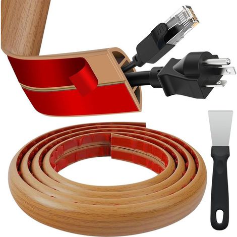 Goulotte de câble de sol flexible 3 m - Autocollant - Cache-câbles - Pour la maison, le bureau, l'école - Aspect bois - Montage facile à couper - Avec grattoir (1/5)