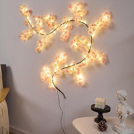Guirlande lumineuse LED Sakura rose et blanche de 1,8m, branches et rotin, alimentée par USB, 8 modes d'éclairage, décoration de fête (lumière chaude) (1/5)
