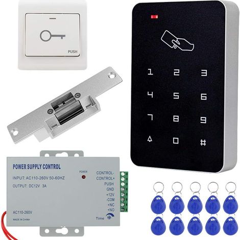 1 Kit Contrôle Accès RFID Clavier Autonome Serrure Électrique NO 12V Bouton Sortie 10 Cartes Porte Bureau