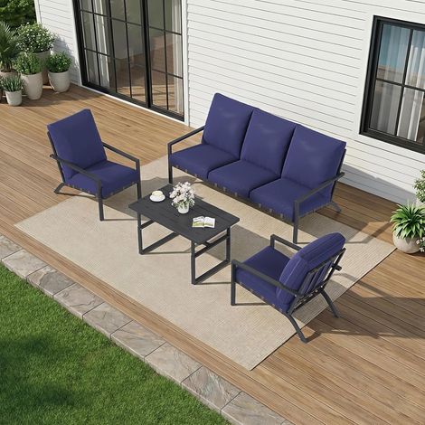 YODOLLA 5 Seater Outdoor Garden Furniture Set, 3-Seater Sofa & 2 Armchairs with Coffee Table, Dark Blue