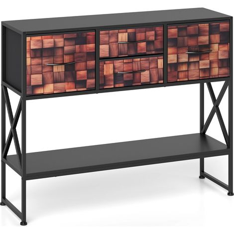 Table console marron à motif mosaïque en bois avec 4 tiroirs en tissu et étagère, cadre métallique pour salon, entrée et chambre (1/5)