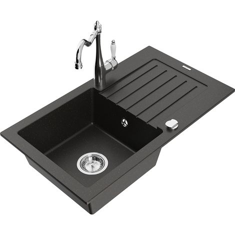 Mexen Pablo 1 Becken-Granitspüle mit Abtropffläche und Mischbatterie Carla, Schwarz/Gold metallisch