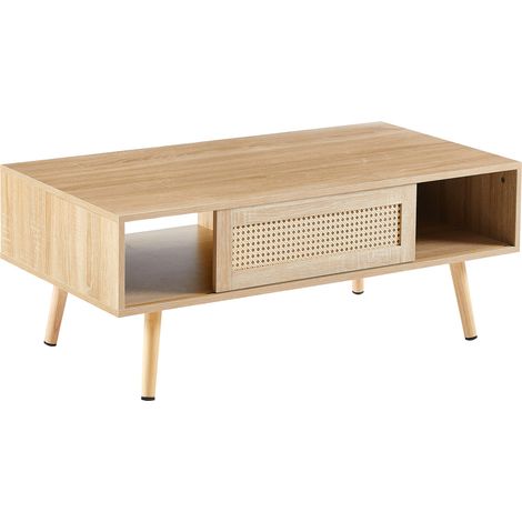 Table basse en rotin avec portes coulissantes et pieds en bois massif, 105 x 55 x 40 cm, couleur naturelle (1/5)