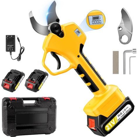 Cordless Electric Pruner, Professional 30-40 mm Pruner with LCD Screen, 2 x 2000 mAh 21V Batteries, Replaceable SK7 Blades, for Gardening, Orchard, Farm (1/5)