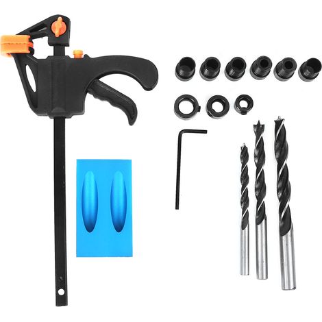 L'Alésoir à Trous Obliques pour Menuiserie, Perceuse Guide d'Angle 15°, Set de Forêt de Percage en Alliage d'Aluminium Bleu, Outil de Positionnement DIY avec 13 Accessoires pour Bois Dur et Liège (1/5)