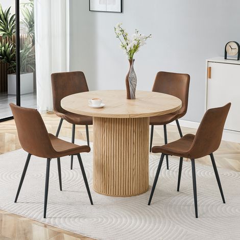 Conjunto de mesa de comedor redonda de Ø100 cm con 4 sillas de tela marrón, tablero de MDF con efecto madera, estructura de metal negro (1/5)