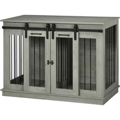 Hundebox mit 2 Türen, Hundetransportbox, rustikale Hundehütte, abschließbar, grau