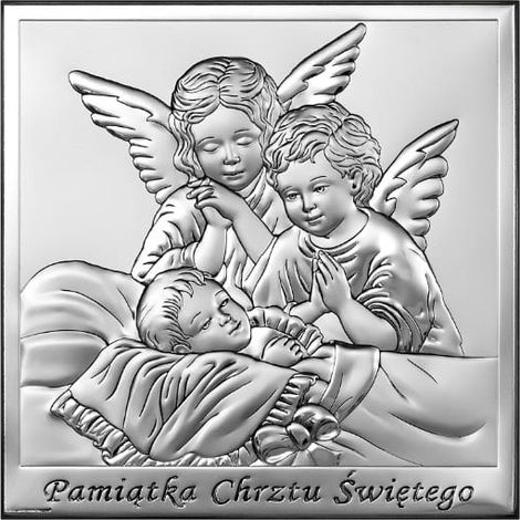 Cuadro en plata de dos ángeles con grabado, recuerdo del Santo Bautismo 6444 8 x 8 cm (1/5)