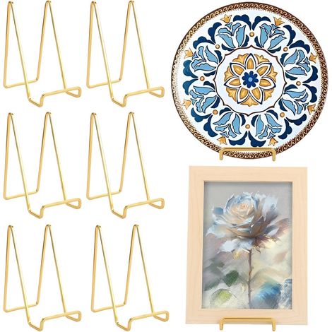 Lot de 6 Support d'Assiette Décoratif 14 cm Or - Chevalet en Métal pour Cadre Photo, Livre, Tableau et Œuvres d'Art - Présentoir de Table Minimaliste et Robuste (1/5)