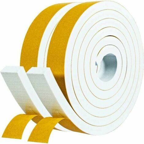 Joint Adhésif en Caoutchouc pour Fenetre Porte Entrée de garage douche 2 rouleaux 25mm x 10mm x 2m Joint Calfeutrage en Bande d'Isolation Phonique Protection Antichoc - Mousse blanc film jaune (1/5)