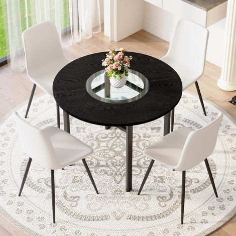 Ensemble de salle à manger rond MDF noir effet bois et verre, 1 table Ø100 cm avec 4 chaises blanches en PU et métal noir