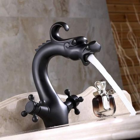 Robinet de lavabo en laiton noir antique, à double poignée, mitigeur eau chaude/eau froide (1/3)