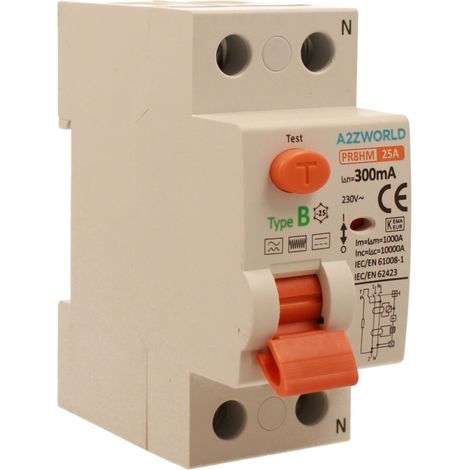 RCCB Interruttore Differenziale Puro Tipo B 1P+N 2M 10000A 300mA AC 230V IP20 IEC61008-1 / IEC62423 PR8HM, Corrente Disponibili 25A 40A 63A 100A (25A)