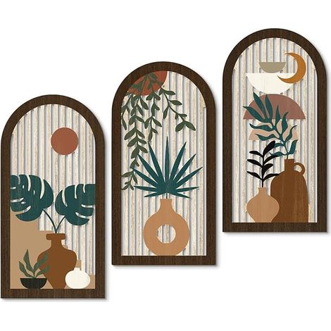 Art mural bohème, décorations botaniques abstraites avec lignes de feuilles et de soleil, décoration murale en bois moderne minimaliste style mid-century pour chambre bureau