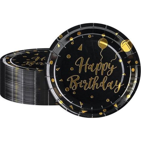 60 assiettes jetables en papier, 18 cm noir doré, vaisselle festive écologique pour anniversaires, Noël et pique-niques (1/5)