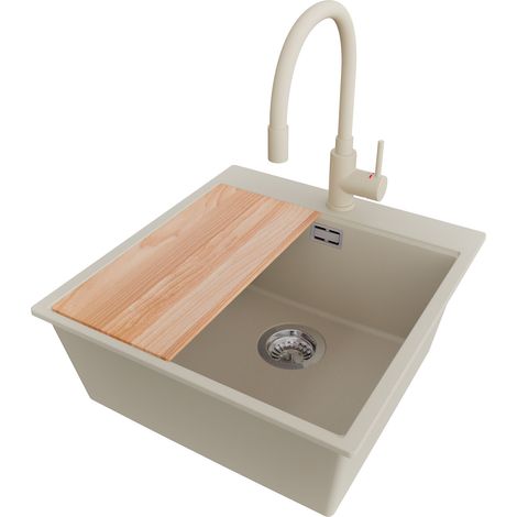 PRIMAGRAN Evier Cuisine en Granit 48x50cm,Lavabo 1 bac + Robinet 38x14cm + Kit de Vidage + Planche à Découper, Évier à Encastrer au meuble 50cm - Oslo, Beige (1/5)