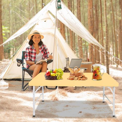 Table pliante 125 cm réglable en hauteur, robuste, avec poignée, pour camping, pique-nique, jardin, charge 135 kg, jaune clair (1/5)