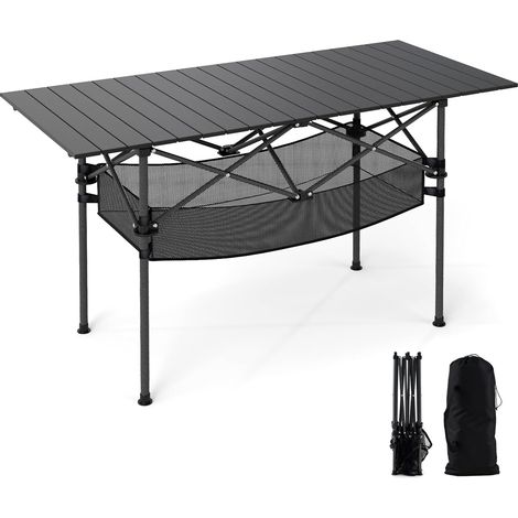 GOPLUS Table de Camping Pliante Extérieure avec Dessus Enroulable en Alu. Ultra Legere, Table de Pique-Nique avec Sac Transport pour Voyage, Barbecue, Randonnée,119 x 55 x 69 CM, Max. 100 KG (Noir) (1/5)