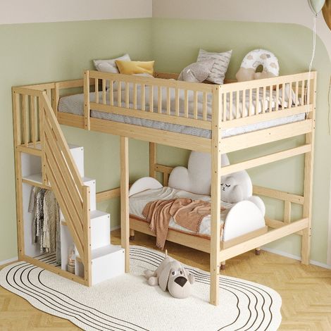 Massivholzbett 140x200 cm mit Treppe und Stauschrank, platzsparendes Hochbett für Kinder und Jugendliche, Kiefernholz Bettgestell, Holzfarbe (1/5)