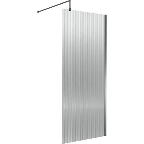 Nuie Fluted Wet Room Screen 1850mm High x 900mm Wide with Support Bar 8mm Glass - Brushed Pewter (1/5)