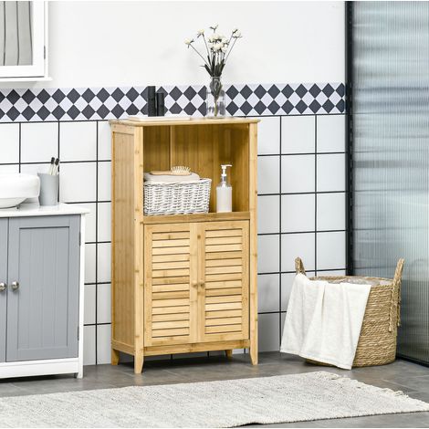 Armario de baño de bambú natural 50 x 25,5 x 92 cm con 3 niveles y puertas de lamas (1/5)