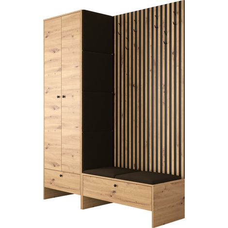 Mobilier1 – Ensemble de meubles d'entrée chêne artisan – Dimensions 206x145x44cm – Tissu stratifié – Panneau mural souple (1/5)