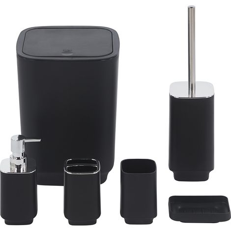 Set Completo Accessori Bagno 6 Pezzi Design Moderno In Plastica Resistente Con Finiture Lucide Incluso Cestino Pattumiera,Dispenser Sapone, PortaSaponetta, Porta Spazzolini, Portascopino Bicchiere Con (1/5)