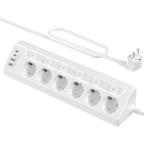 Multiprise avec Interrupteur, 6 Prise Plan de Travail Cuisine, Multiprise Angle 2m avec 2 Ports USB A et 2 Ports USB C, Prise Parafoudre et Surtension pour Meuble Canapé Bureau Table (1/5)
