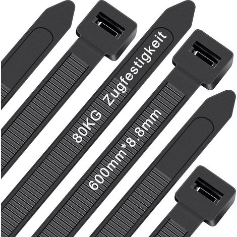 Lot de 50 serre-câbles noirs 600 mm x 8,8 mm - Avec résistance à la traction de 80 kg - Résistant aux UV - Grand plastique nylon autobloquant - Multifonctionnel (1/5)