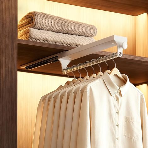 Tringle Penderie Extensible avec Poignée Ronde, Barre de Penderie Télescopique Coulissante 25 kg, Gain de Place pour Armoire Dressing Placard, Tringle Extractible 30 cm pour Vêtements, Blanc (1/5)