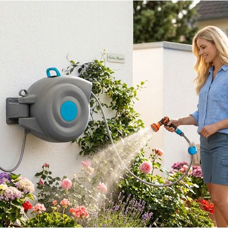 Enrouleur automatique mural pour tuyau d’arrosage 30 m, pistolet 9 jets, bleu, plastique (1/5)