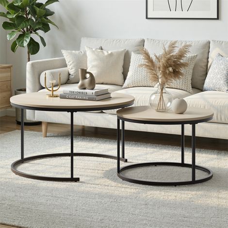 2er-Set runde Satztische – 80 x 80 x 45 cm – Duo aus Wohnzimmertischen im Industrial-Stil aus Eiche und schwarzem Metall – Eiche