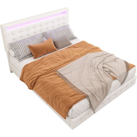 Lit flottant 140 x 200 cm avec LED d’ambiance, tête de lit réglable 3 niveaux, structure cuir régénéré et MDF blanche, design moderne pour chambre, CHICFURN (1/5)