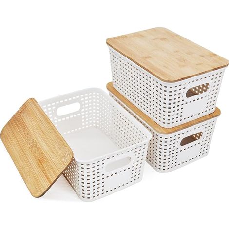 Storage Box with Lid Plastic Storage Basket with Bamboo Lid 23 x 15.5 x 10.5 cm Woven Storage Bin Baskets and Stackable Storage Boxes White (1/5)