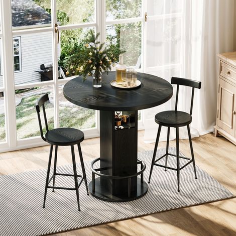 MEUBLIV Table bar ronde 80 cm noire – rangement intégré et 2 tabourets (1/5)