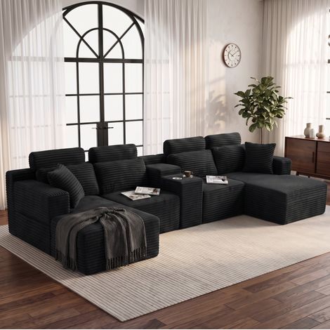 Canapé modulaire en U 372x151x80 cm avec double porte-gobelets, assise profonde, mousse - noir (1/5)