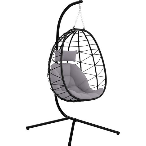 Silla colgante tipo huevo con soporte, cesta plegable, cojín y reposacabezas para uso interior y exterior, capacidad de carga de 120 kg, color gris (1/5)