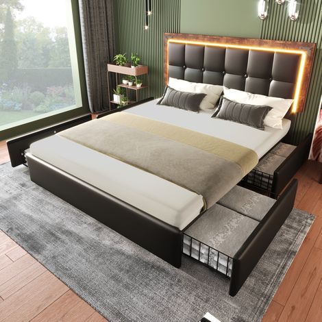 letto contenitore 140x200 LED 4 cassetti nero OKMYHOME (1/5)
