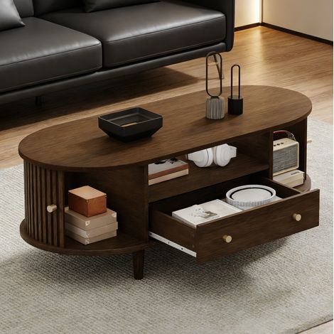 Tavolino da caffè 100/50/36 cm color noce con cassetto, ante scorrevoli e vani aperti (1/5)
