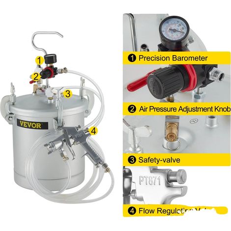 Pot de peinture sous pression, capacité de 10 L, acier carbone solide, 45-60 PSI, tuyau de 3 m, buse de 3 mm (1/5)