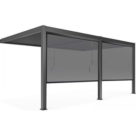 Oviala – Pergola bioclimatique adossée 5,74 x 2,66m – 46 lames orientables en aluminium – 2 stores occultants 2,66 x 2,34m – Idéale pour espaces extérieurs