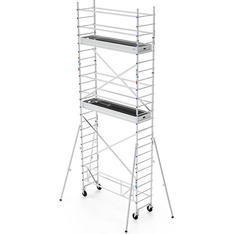 Rollgerüst aus Alu - Länge 2,40m, 2 Bühnen 231x30cm mit Fußleisten, Füße regulierbar, schwenkbare Ausleger, Traglast 200kg-m2, TÜV GS, 5 Jahre Garanti - TOS424L (1/5)