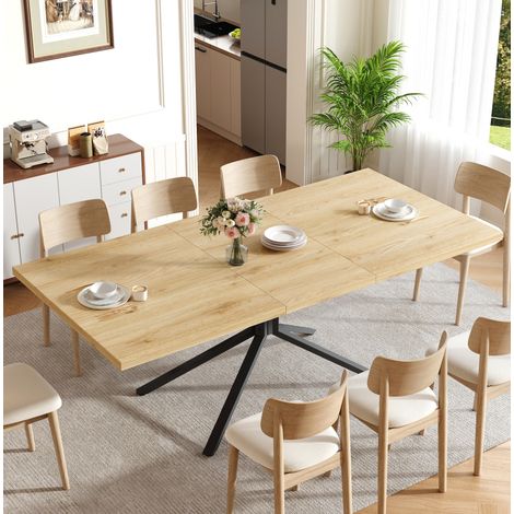 MODFU – Table extensible 120/160x90x75 cm MDF/métal – Piètement étoile et patins réglables – 4 à 6 personnes et charge 60 kg – Salle à manger – Chêne clair (1/5)