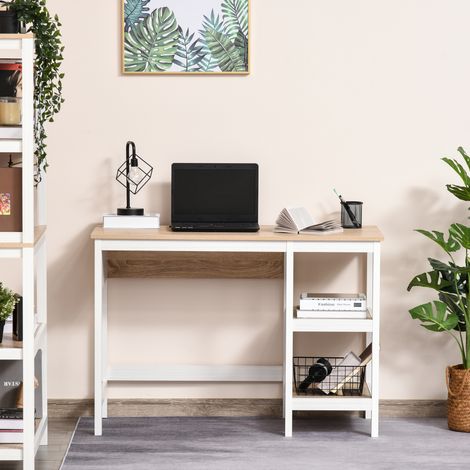 Multimedia-Computertisch, Maße 110 x 48 x 76 cm (L x B x H), 2 Seitenablagen, E1-MDF, helle Eiche/Weiß