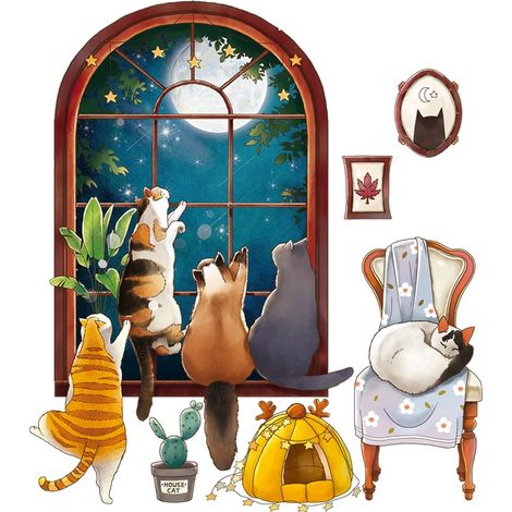 Stickers muraux chat de dessin animé pour fenêtre de nuit (Dimensions : 50 cm x 78 cm) (1/5)