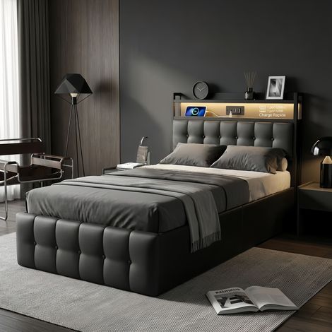 Lit coffre 90x200 cm avec LED RGB, tête de lit avec rangement, USB/Type-C, cadre de lit rembourré en similicuir, sommier inclus - Noir (1/5)