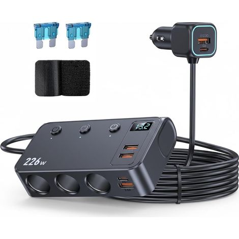 226W Car Charger Cigarette Lighter Splitter, 9-in-1 Multi-Port Car Power Adapter with 3 Sockets, Dual PD USB-C, 4 USB Ports, LED Voltmeter, Fast Charging for 12V–24V Vehicles