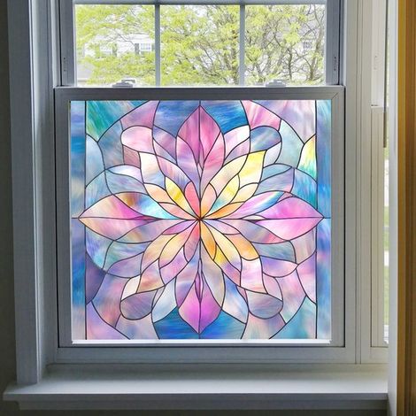 Lámina para ventanas con efecto vidriera arcoíris sin adhesivo，estilo Art Nouveau，adhesivo estático removible para privacidad，50x53cm (1/5)