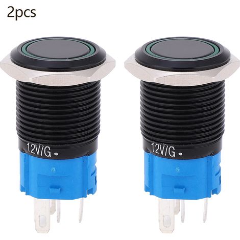 2 boutons poussoirs auto-verrouillants 12VDC 16mm 5 broches IP65 étanches avec voyant vert (1/5)
